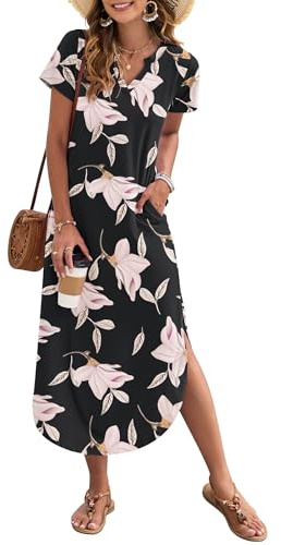 AUSELILY Women's Summer Midi Dress with Pockets V Neck Morning Glory XXL