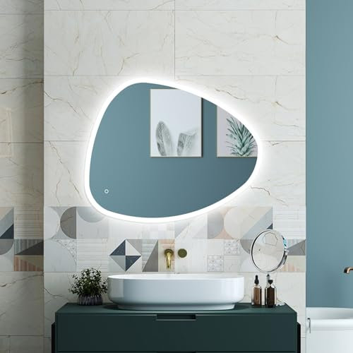 HAPAOSO Miroir de Salle de Bain avec éclairage 80x55cm Miroir Rond asymétrique avec Interrupteur Tactile, dimmable, 3 Couleurs dimmables,Anti-buée，Fonction mémoire