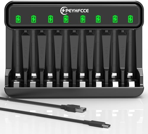 PEYHFCCE AA AAA 8 Bay Battery Charger with High-Speed Charging, Independent Slot for 1.2V Ni-MH Rechargeable Batteries