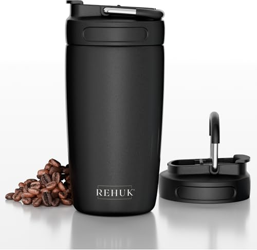 REHUK Travel Mug | 100% Leakproof Stainless Steel Thermal Mug with Carry Handle for Hot & Cold Drinks | Vacuum Flask | BPA Free Lockable Lid | 450ml (Jet Black)