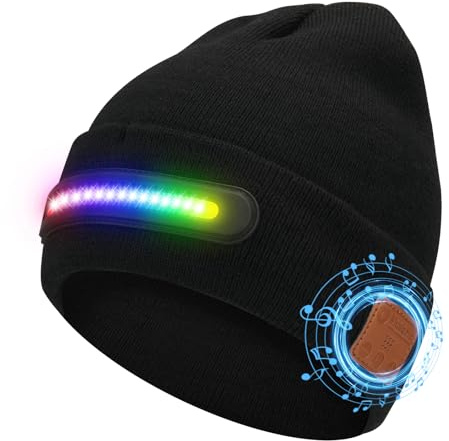 MISERWE Music Dance Light Bonnet unisexe rechargeable avec lampe frontale 20 lumières LED et micro amovible, bonnet musical sans fil pour homme et femme, noir
