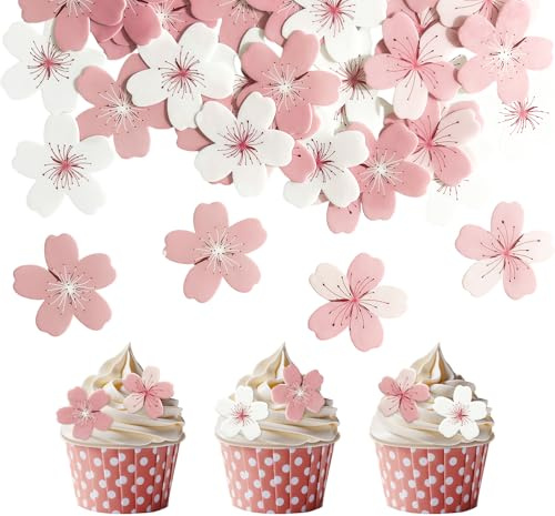 60Pcs Décorations Comestibles en Fleurs Cupcake, Décorations de Gâteaux aux Fleurs de Cerisier, Gluant Papier de Riz Décoratif Gâteau (Rose et blanc)