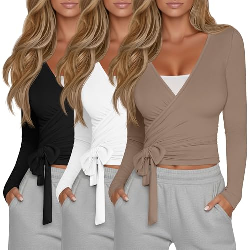Oakgarden 3 Pack Women's Tie Wrap Tops, Long Sleeve Workout Ballet Yoga Pilates Shirts Deep V Neck Tie Front Y2k Blouses(Black, White, Light Brown,Small)