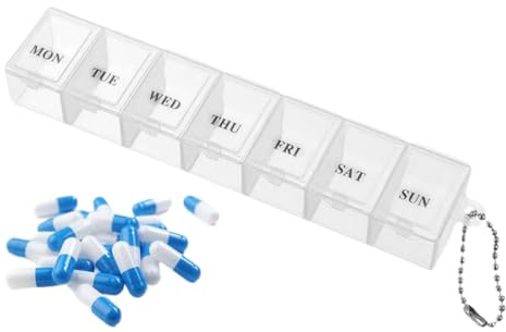 Pastillero semanal 1 toma pequeño, Pastillero Semanal con 7 Compartimentos, Caja de Pastillas de Viaje Duradera y Portátil, Pastillas 7 Dias y Dispensador Comprimidos, para Medicación Regular
