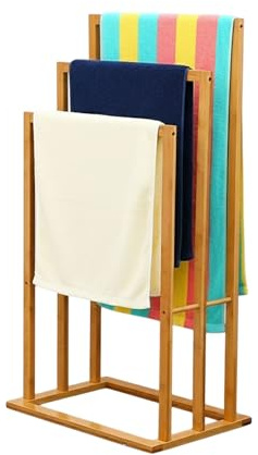 Reldor Natural Bamboo 3-Tier Freestanding Towel Rack – Free Standing Towel Rail, Towel Holder for Quick Drying, Bamboo Towel Rail, Towel Stand, Bathroom Accessory Organizer for Bath & Hand Towels