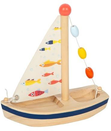 small foot Barca a vela Grande oceano, barca in legno con vela di stoffa, per vasca o piscinetta, dai 2 anni, 12824