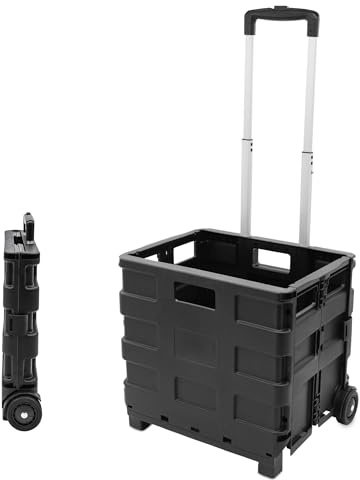 Chariot de courses pliable noir jusqu'à 18 kg avec roues – 30 l – Caisse à roulettes avec poignée télescopique en aluminium – Plastique, panier à provisions, chariot, caisse de transport, roulant