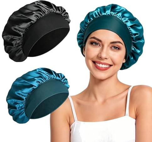 2 Pièces Bonnet Satin Cheveux Nuit, Bonnet Soie Cheveux Nuit, Bonnets Satin en Soie Souple et Éllastiquepour, pour Cheveuxs Bouclés et Longs Bouclés, Respirant(Noir&Bleu Paon)