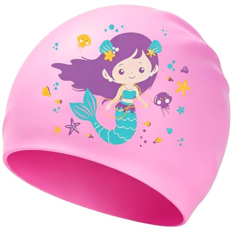 Bonnet de Bain pour Enfants, Bonnet de Natation pour Enfants de 4 à 12 Ans, Bonnet de Bain en Silicone, avec Motif sirène, adapté à la Natation et à la plongée