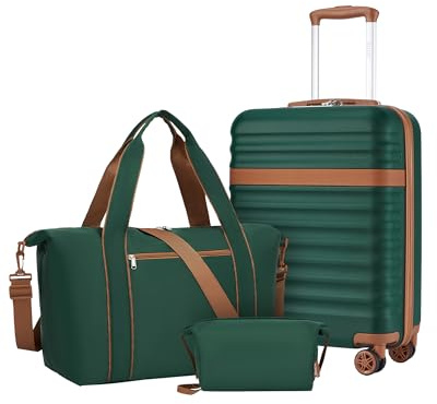 Kono Juego de Maletas con Maleta Cabina Rígida 55x40x20, Verde | ABS+PC, Ruedas TPE, Bolsa con Correa Ajustable y Hebilla, Neceser, Unisex