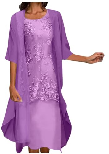 OBASDFD Dam vardaglig broderad klänning rund hals elegant halvärm chiffong scarf cardigan två set, Lila, L