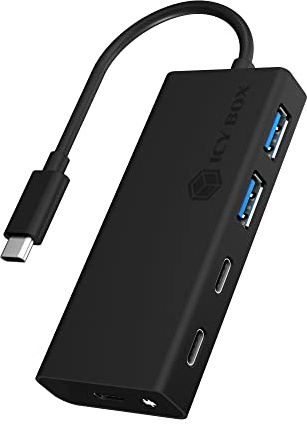 Icy Box USB Hub mit USB-C Stecker und Power Delivery, USB 3.0, integriertes Kabel, aluminium, PD 60 Watt, schwarz
