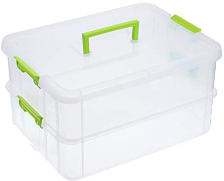 JUXYES 2-Tiers Stack Carry Storage Box With Handle, Transparent Stackable Storage Bin With Handle Lid Latching Storage Container for School & Office Supplies (Green)