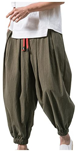 SOOUICKER Leinenhose Herren Lang Sommer Haremshose Herren Leinen Japanisch Sommerhose Leicht Gummizug Leinenhose Yoga Jogger Haremshose mit Taschen Aladinhose Freizeithose Leinen Baggy Harem Strand