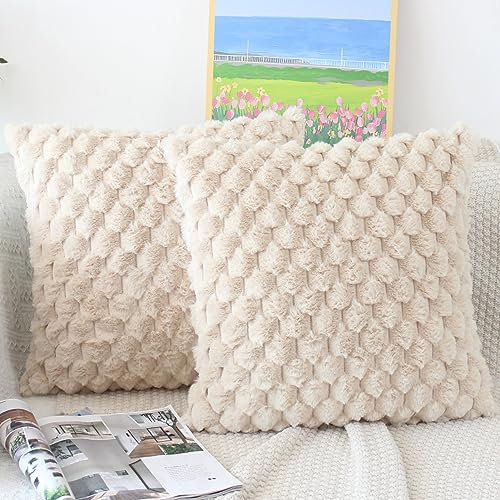 NIULAA Flauschig Kissenbezug 40x40 Beige 2er Set Plüsch Deko Kissenbezüge Weich Gestreift Kissenhülle Luxus Pelz Dekokissen Sofakissen Zierkissen Kuschelig Kissen Bezüge Wohnzimmer Sofa