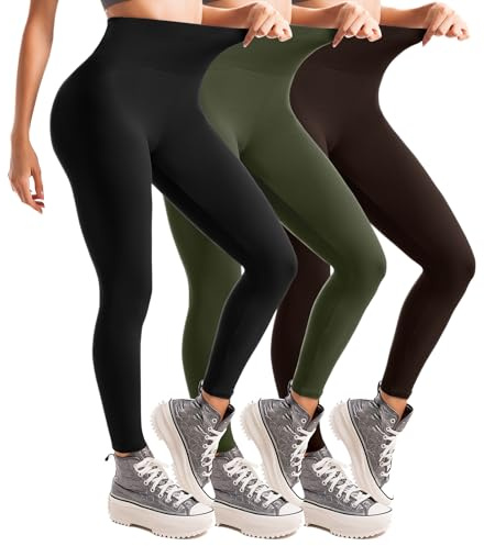 Leafigure 3 Pack Leggings for Women High Waisted Non See-Through Soft Workout Gym Yoga Pants Black/Green/Brown SM