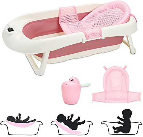 Daromigo Babybadewanne Faltbar Baby Badewanne, Babywanne mit Thermometer Badematte Wasserschaufel, Neugeboren Babys 0-36 Monaten Jahre, Ablaufstöpsel mit Farbwechsel bei Hoher Temperatur, Rosa