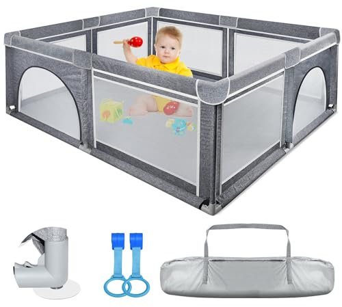Parque infantil 150x180cm – Área de juegos segura para niños con bordes gruesos, base antideslizante, malla transpirable, valla plegable para bebé, 2 anillos para escalar y bolsa de transporte
