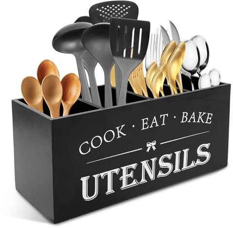 KTCINA Porte-ustensiles de cuisine à 4 compartiments en bois avec fond de drainage amovible pour cuillères, fourchettes, spatules, pelles (noir)