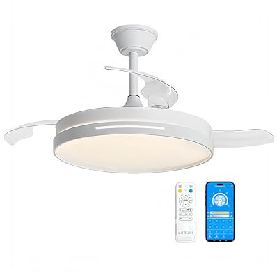 LEDUNI Ventilador de Techo LED con Aspas Retráctiles Control Remoto,66W 30W Motor DC+36W Luz 2880LM, Luz Integrada, Color Blanco CCT 3000-4000-6000K (Blanco liso)