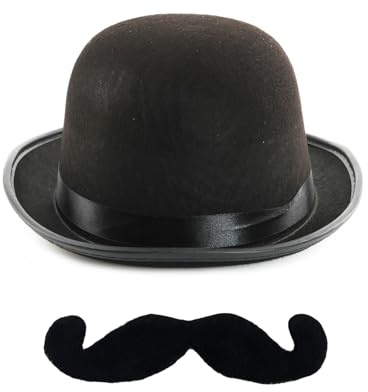 Ensemble d'accessoires de détective des années 1930 pour adultes – Chapeau melon noir de 60 cm et moustache adhésive sur le guidon – Costume de personnage mystère des années 30 pour homme