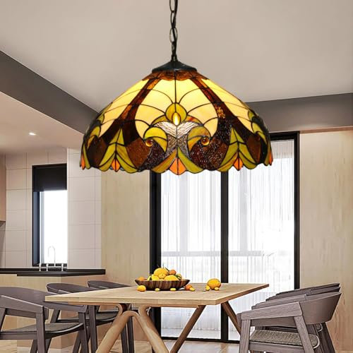 Lampada a sospensione in stile Tiffany barocco da 16 pollici, lampada a sospensione in vetro colorato giallo beige verde ambra, illuminazione a sospensione per ristorante, corridoio, isola della cucin
