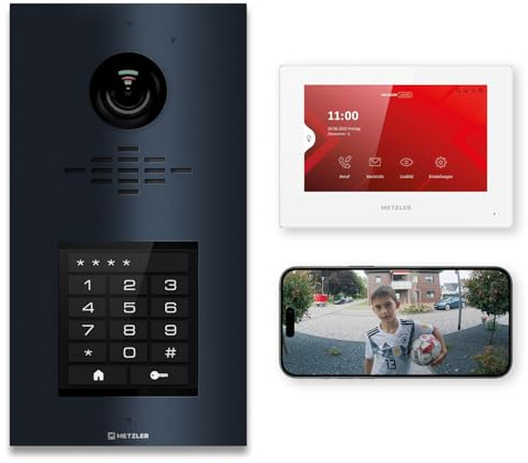 Metzler Video Sprechanlage für 1-500 Parteien Komplett Set - LAN/POE - Türsprechanlage mit IPS Touchscreen-Display und 1x Innenstation als Kit, in Anthrazit aus V2A Edelstahl | VDM10 2.0 Horizon