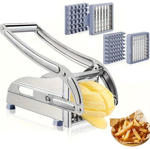 MIUUIPI Pommesskärare rostfritt stål, potatisskärare, pommepress med 2 bladstorlekar och halkfri sugbas, grönsaksskärare, frittskärare, pommes-maskin, pommes-press