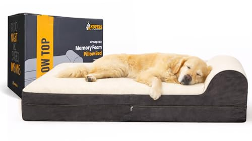 KOPEKS Jumbo Orthopedic Dog Bed - 7-inch Thick Memory Foam Pet Bed with Pillow with Removable Cover & Free Waterproof Liner - for Large Breed Dogs, XL, Brown-Plush Top