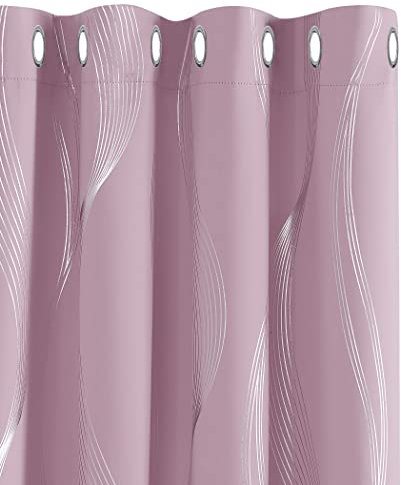 Deconovo Decorative Silver Wave Line Foil Printed Blackout Curtains Thermal Insulated Curtains Eyelet Curtains for Living Room 66 x 54 Inch Light Pink 2 Panels