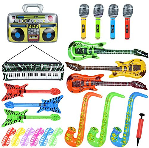 Inflatable Instruments Set 22Pcs, Guitar for Kids, Fun Musical Accessories Props for Birthday Party Favors Decoration Photo Booth, With Air Pump