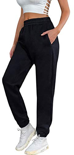 heekpek Pantalon Chandal Mujer Pantalon Algodon Deportivo Sueltos Largos Pantalon Jogger para Mujer Pantalones Deporte con Bolsillos y Elastica Cintura Alta Casual Ropa de Casa, Negro, S