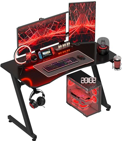 HOMCOM Mesa Gaming 120x65x74,5 cm Escritorio Ergonómico Gaming Desk para Computadora PC con Portavasos Gancho para Auriculares y Pies Ajustables Efecto de Fibra de Carbono Negro