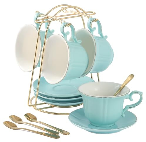 DUJUST Teetassen und Untertassen Set von 4 (235 ml), Bonbonfarbe mit goldenen Trimm, Blütenblattkante Kaffeetassen mit Metallstand, einfacher Stil Porzellan-Tee-Party-Set - Grün