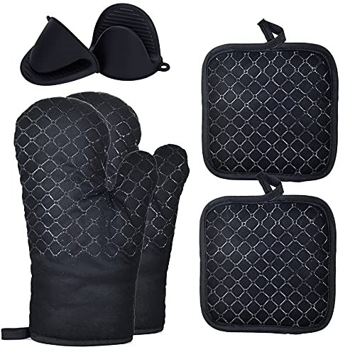 Bulckrew 6 Stück Ofenhandschuhe Topflappen Topfhandschuhe Set Baumwolle Küchenhandschuhe mini Klemmhandschuhe Silikon, Schwarz