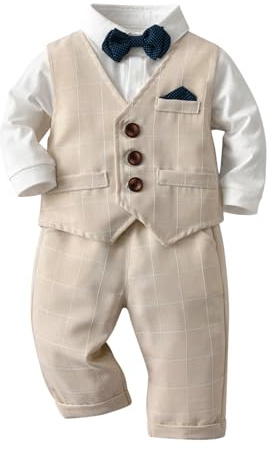 Volunboy Trajes para Bebé Niños de Boda, Bautizo Conjunto de Chaleco, Camisa, Pantalón, Pajarita（3-4 años，Caqui，Tamaño 110）