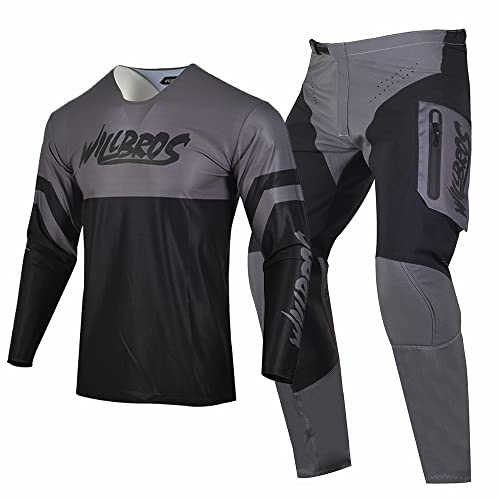 Willbros Pantalones de Jersey Camiseta de Motocross Traje Hombres Fuera del Camino Bicicleta Sucia MX Montando Traje Protector Gris Oscuro (Jersey XXL Pants 38)