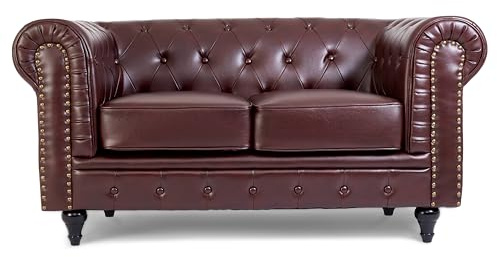 Bravich Chesterfield Sofa | 2 Seater Settee | Faux Bonded Leather | Foam Seat Cushions | Scroll Arms | Button Studded Back | Living Room Bedroom Conservatory | Brown | 160x90x78cm