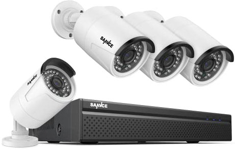 SANNCE Kit de cámaras de vigilancia 8CH 5MP PoE, grabadora NVR para videovigilancia con 4X cámaras Exteriores 5MP con notificación Push por App, Resistente al Agua IP66, detección de Personas