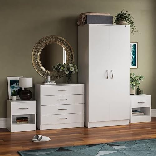 Vida Designs Riano 4 Piece Bedroom Set - 1 Drawer Bedside Chest, 4 Drawer Chest, 2 Door Wardrobe - White