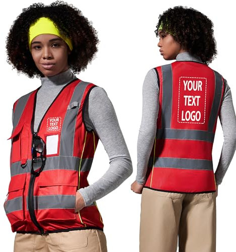 AYKRM Damen Warnweste mit Mehreren Taschen, Personalisierbarer Text oder Logo, Sicherheitsweste mit Reflektoren und in Rot erhältlich - Größe 3XL
