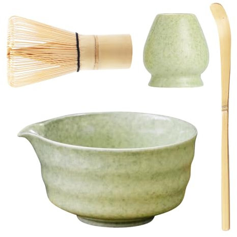 XPJBKC Matcha Kit, Juego de 4 Kit Te Matcha con Batidor Te Matcha, Cuenco Matcha, Cuchara Matcha, Soporte para Batidor Matcha, Chasen Bambu Matcha Set Regalo para la Ceremonia del Té