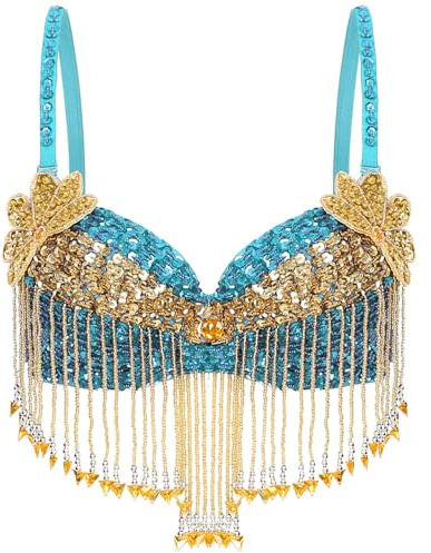 Runhomal Tenue Danse du Ventre Femme Sexys Soutien-Gorge à Franges Haut Costume Danseuse Orientale Dancewear Bleu Ciel Taille Unique