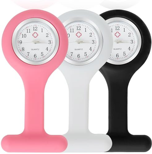 EuAcesry Schwesternuhr für Bluse, 3-teilig, Schwesternuhr, Brosche aus Silikon mit Sicherheitsnadel, Sekundenzeiger mit Taschenuhr, für Pflege- und Studenten, Weiß/Schwarz/Rosa, Rosa