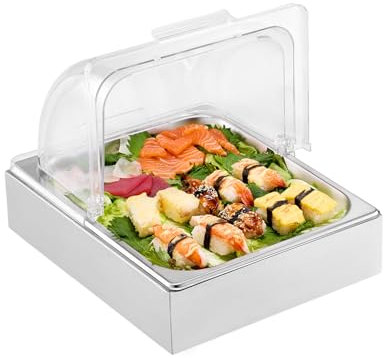 VEVOR Countertop Food Serving Display Container, 1 x 1/2 Pan Stainless Steel Food Serving Tray, Buffet Condiment Dispenser Display Rack with Clear Lid & Ice Tray, for Restaurant Hotel Kitchen Party