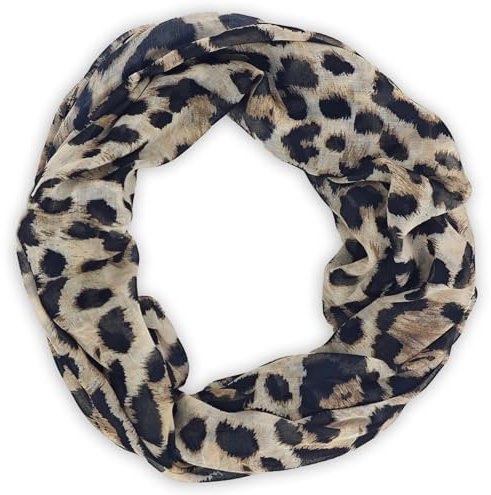 styleBREAKER Damen Loop Schlauchschal mit Leoparden Muster | Leichter Sommerschal aus Viskose | Halstuch für Frühling und Sommer - Weich und Luftig, Farbe:Beige-Schwarz