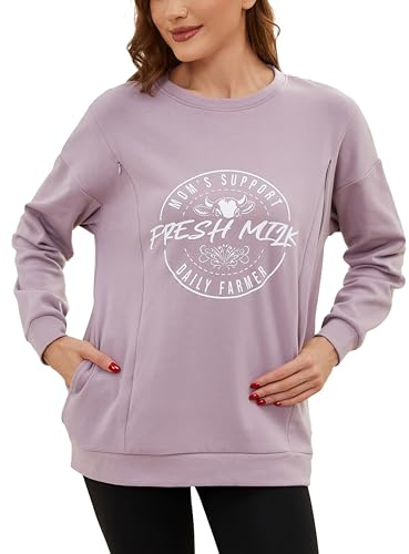 Love2Mi T-shirt d'allaitement à manches longues pour femme - Décontracté - Fermeture éclair invisible - Sweatshirt pour l'allaitement - Mode de maternité - Avec poche, Rose, S