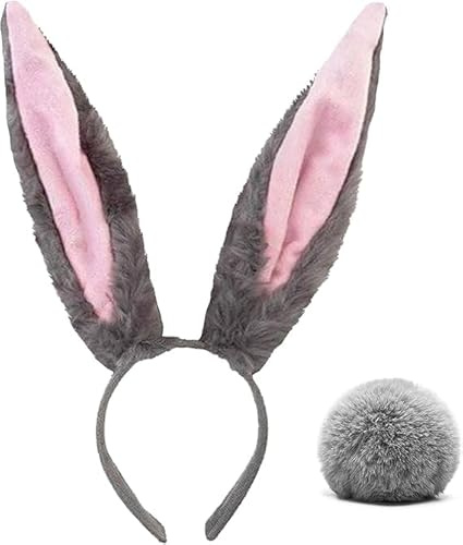 PEZPEOR Ensemble de costume lapin avec oreilles de lapin et queue, déguisement de lapin de Pâques pour adultes et femmes, accessoire de fête, cosplay d'Halloween, carnaval (Gris)
