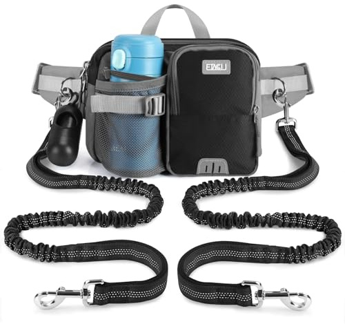 ETACCU Laisse de jogging pour chien avec sangle ventrale pour 2 chiens, laisse mains libres, laisse de jogging pour chiens de grande et moyenne taille, élastique réfléchissante, 124-180 cm, pour la