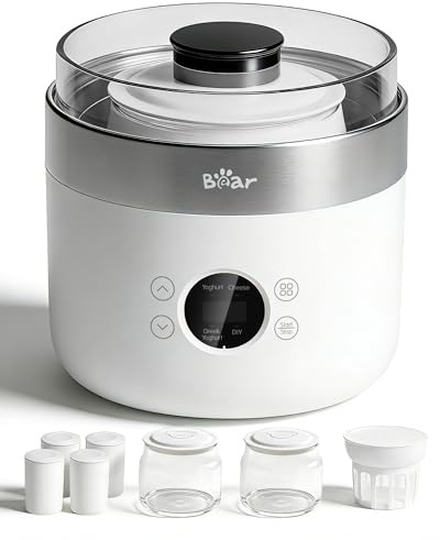 Bear Yogurtera y elaboradora de queso fresco, con 4 vasitos de porción en cerámica de 125 ml, 2 recipientes de cristal XXL de 1 litro y 4 programas preajustados para yogur griego y queso